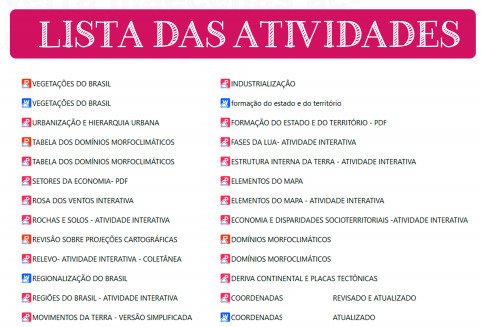 Lista das atividades lúdicas