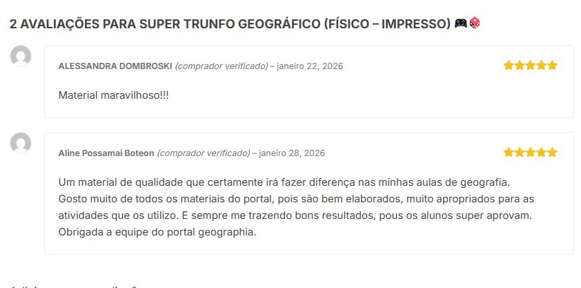 Avaliações verificadas de clientes sobre o Super Trunfo Geográfico